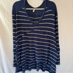 Free People Navy and Cream Striped V-Neck Distressed Pullover